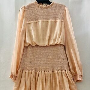 NWT AQUA by Bloomingdales Ruffle Peach Long sleeve smocked Mini Dress, Large